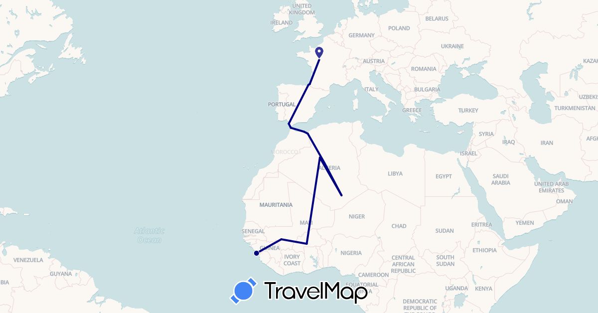 TravelMap itinerary: driving in Burkina Faso, Algeria, Spain, France, Guinea, Morocco, Mali (Africa, Europe)