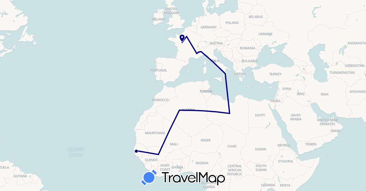 TravelMap itinerary: driving in Algeria, France, Italy, Libya, Mali, Senegal (Africa, Europe)